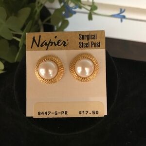 Vintage NAPIER Gold Tone Button Earrings with Faux Pearl Center